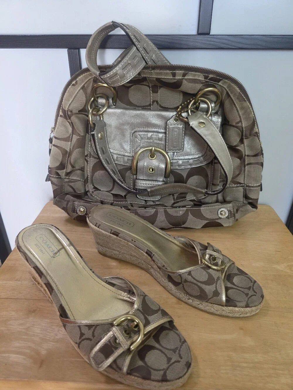 Classic Coach Signature Canvas Mini Satchel & Wedge Sandals Size 11 - Khaki/Tan